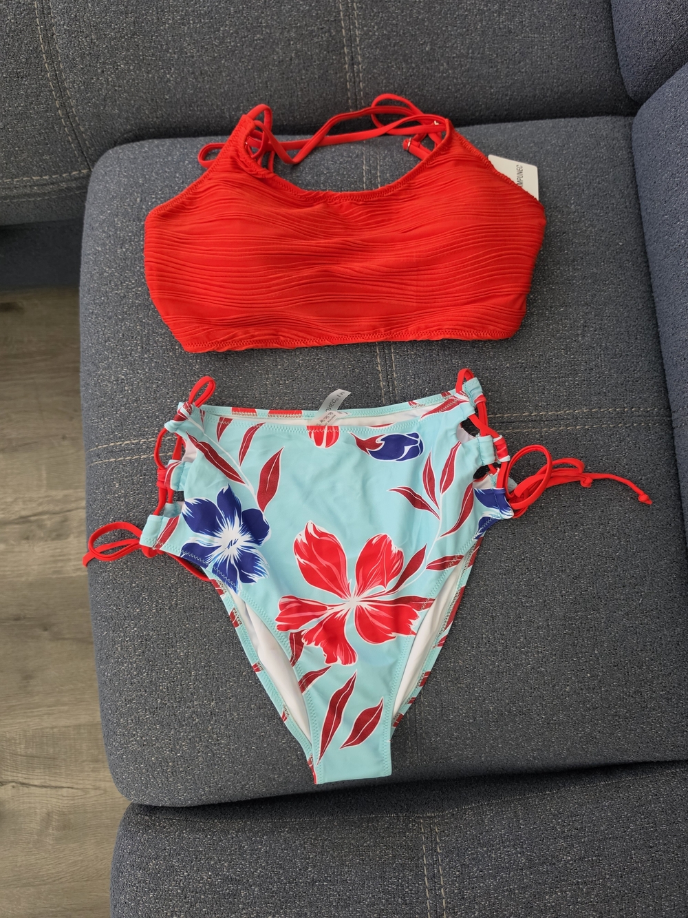 Red Ribbed Bikini Top with Aqua Floral High-Waist Bottom - Unbranded